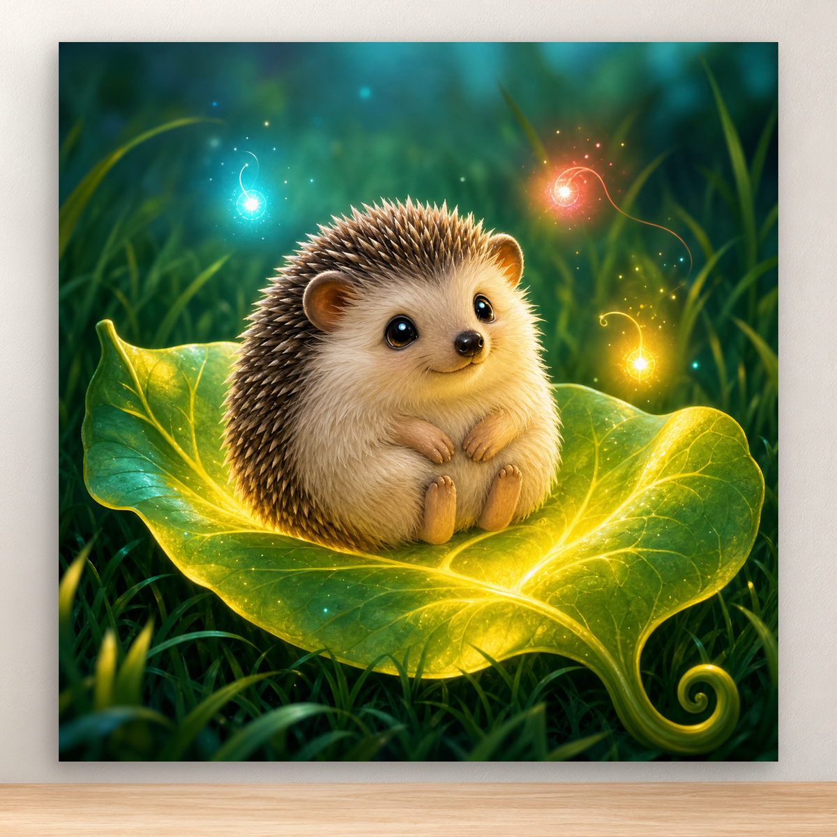 Small hedgehog sitting on a glowing leaf with colorful light specks, 20x20 cm