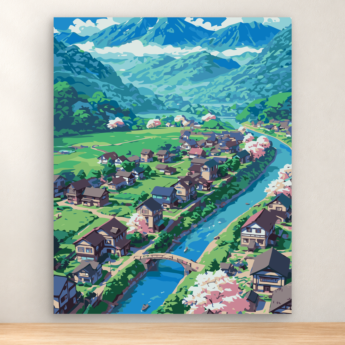 Alpine mountain village beside a winding turquoise river, snow-capped peaks and green fields, 40x50 cm.