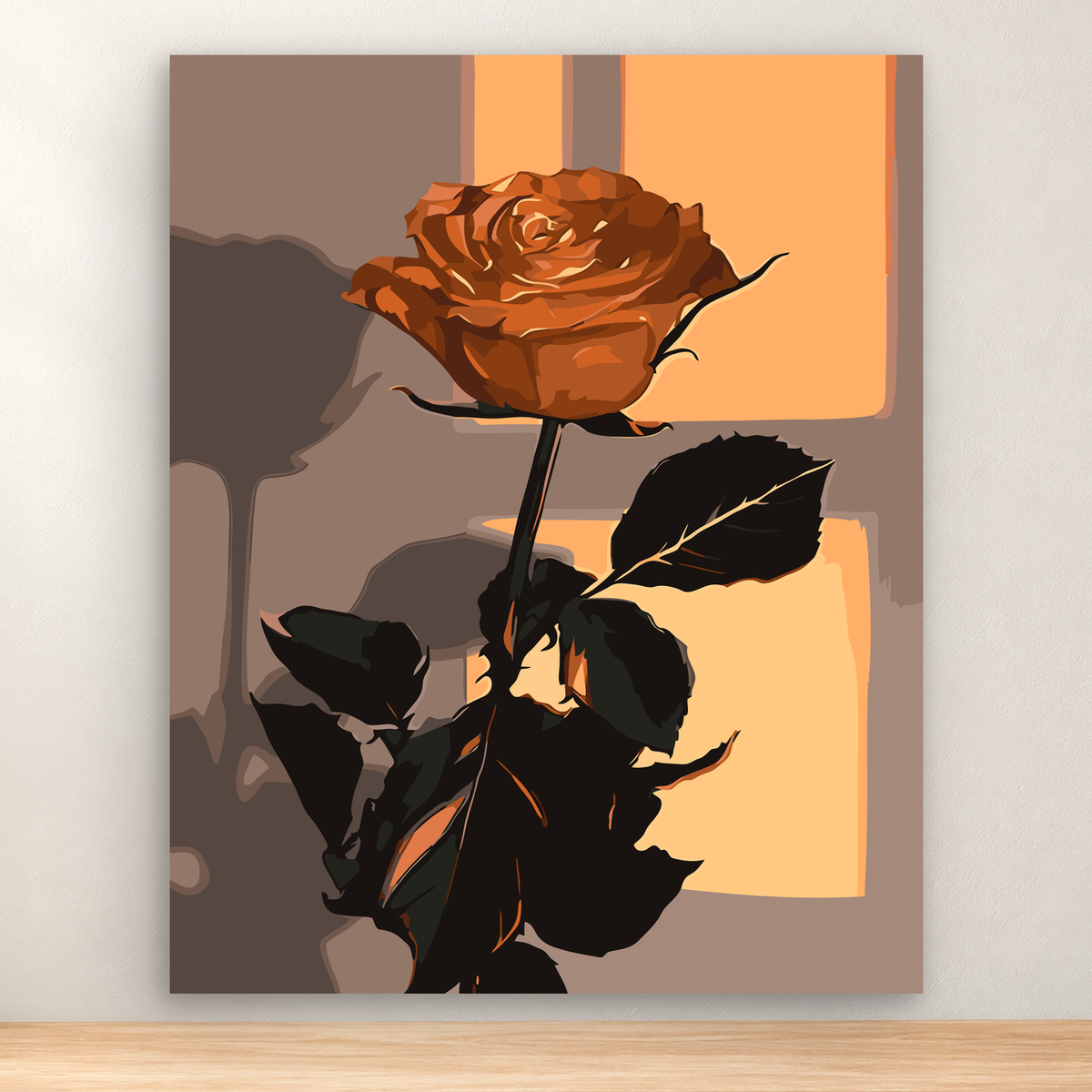 Orange-brown rose with charcoal leaves and warm abstract shapes, 40x50 cm
