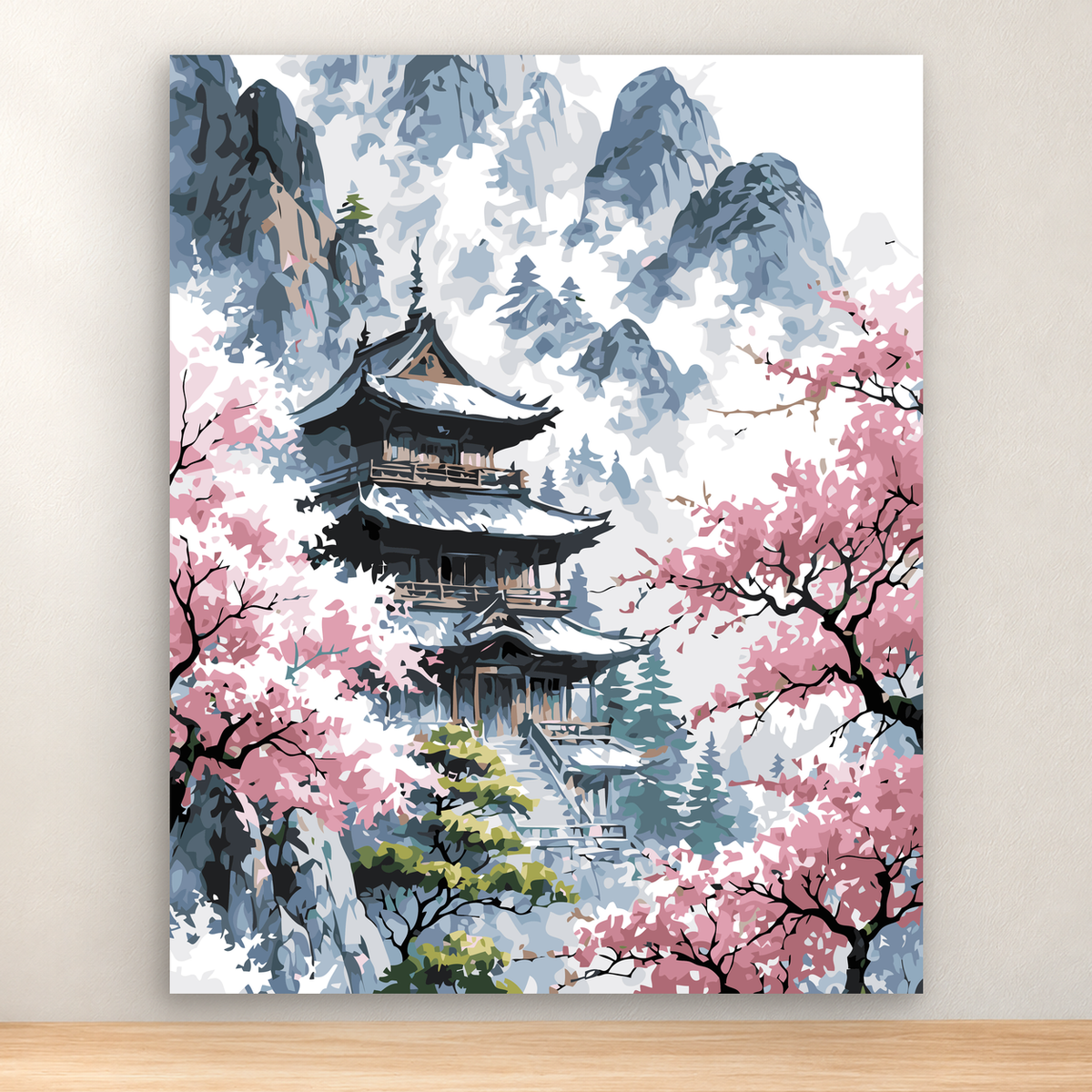 Japanese mountain temple village with cherry blossoms and blue-gray peaks, 40x50 cm
