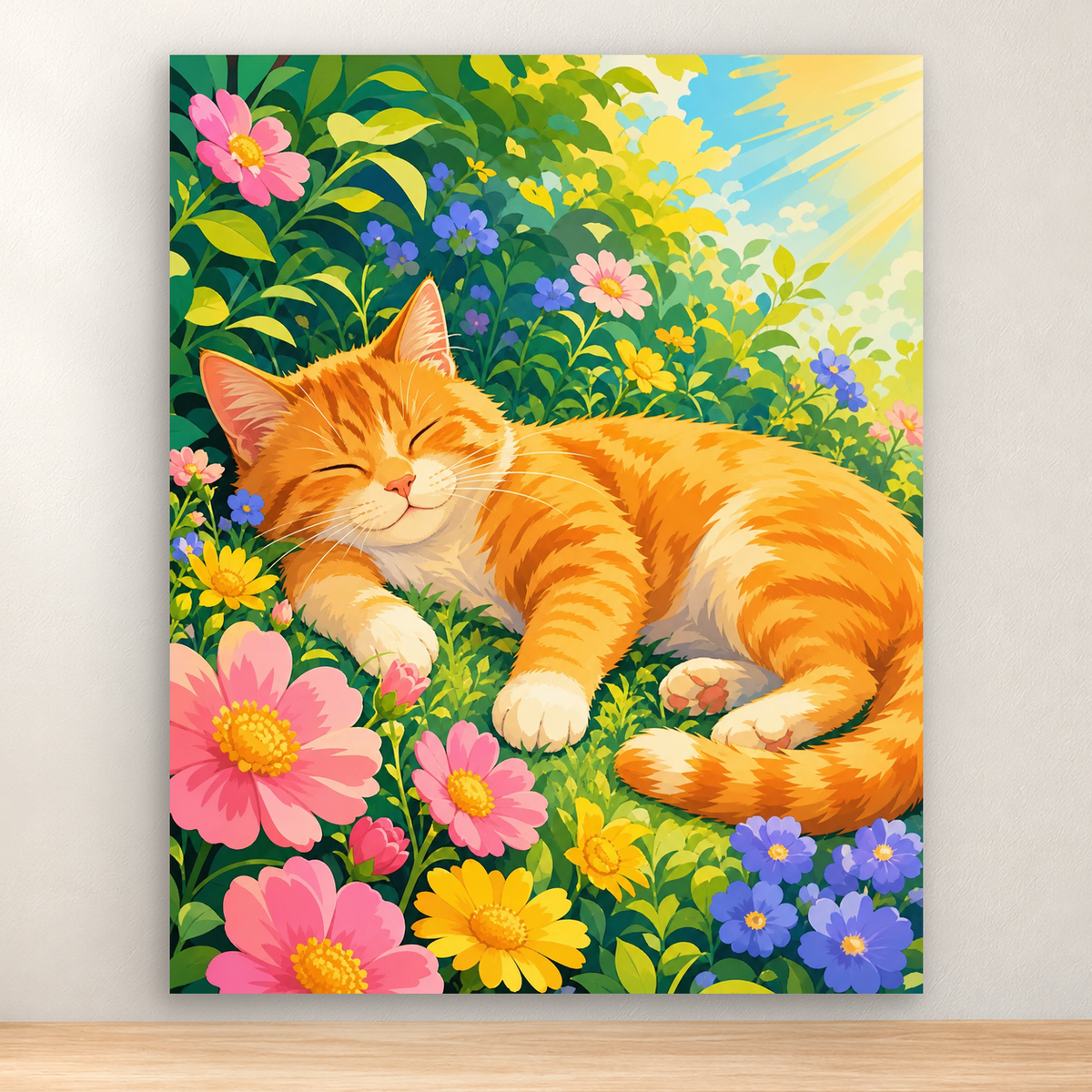 Orange cat lounging among bright flowers in a sunlit garden, 40x50 cm.