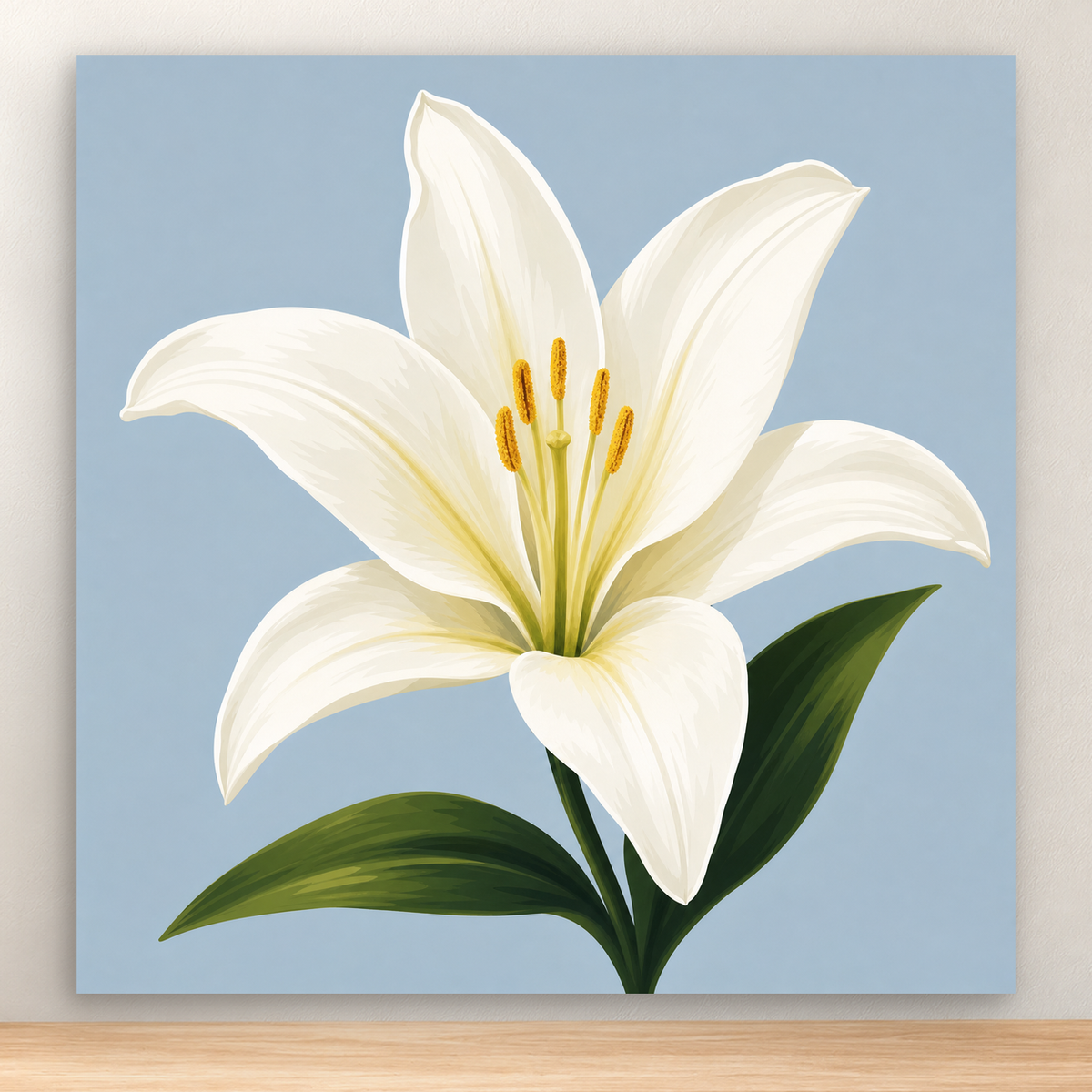 White lily in profile with star-shaped petals, green leaves, and a blue-gray background, 20x20 cm