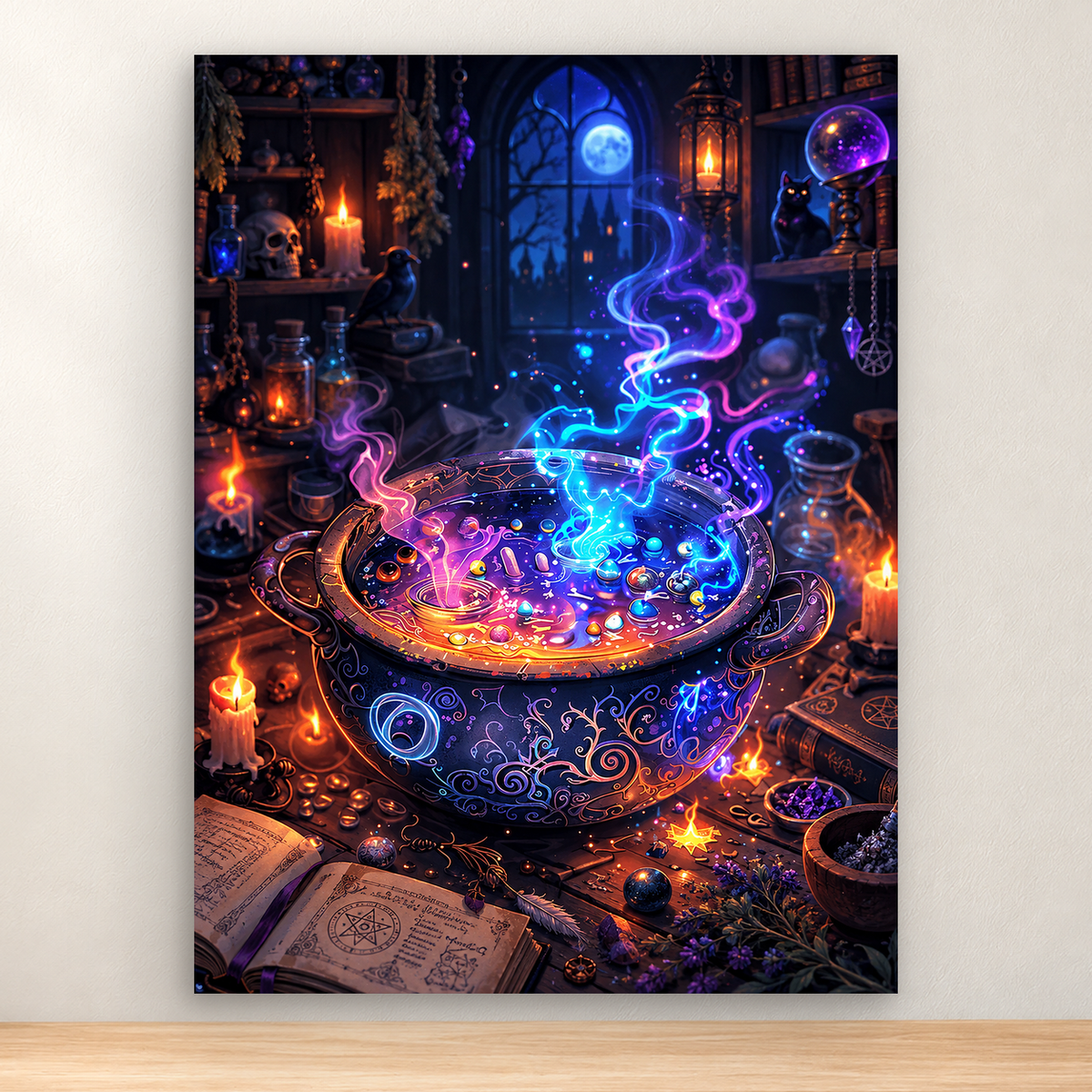 Glowing magical alchemy cauldron in an occult workshop, 30x40 cm