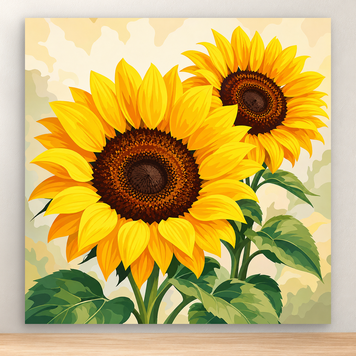 Two layered sunflowers blooming in a bright garden scene with green leaves, 20x20 cm