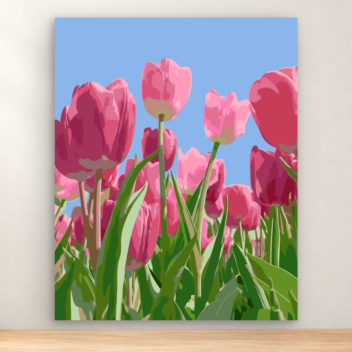 Cluster of pink and magenta tulips with green leaves beneath a powder-blue sky, 40x50 cm