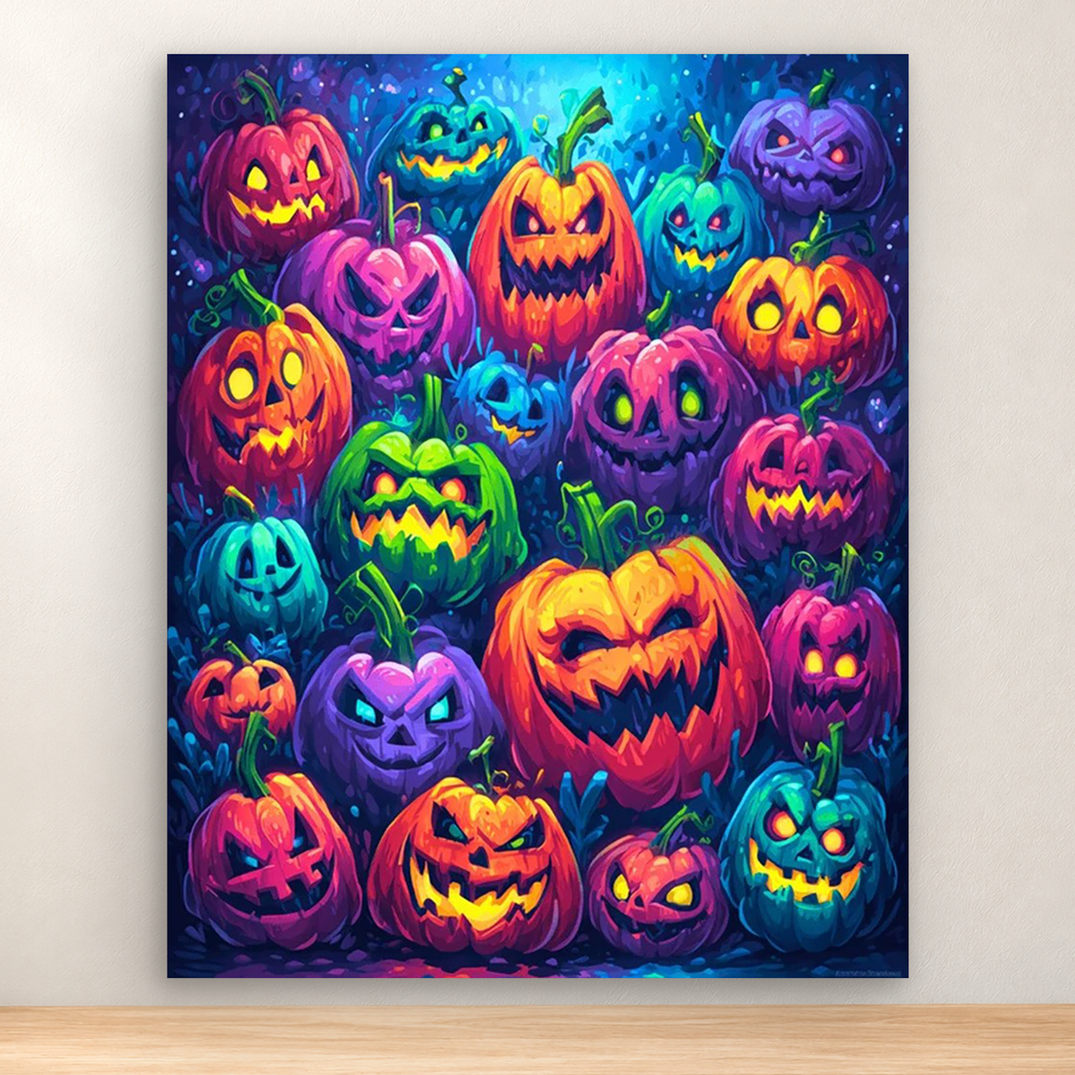 Colorful carved jack-o'-lanterns with vines in a whimsical Halloween pumpkin patch, 40x50 cm