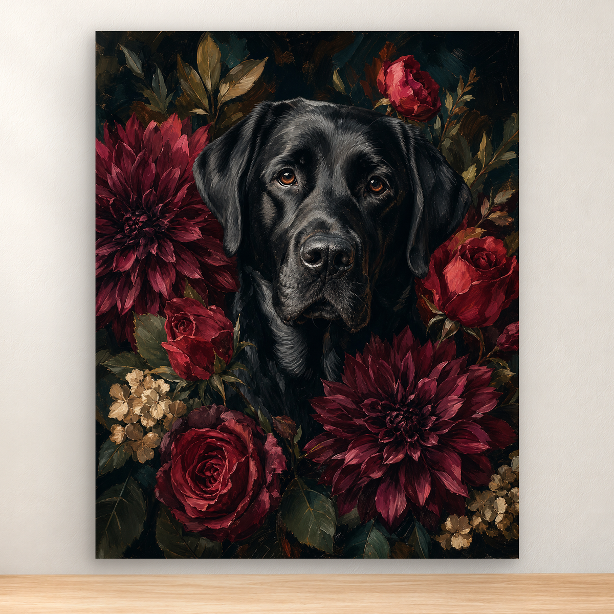 Black Labrador surrounded by burgundy dahlias and crimson roses, 40x50 cm