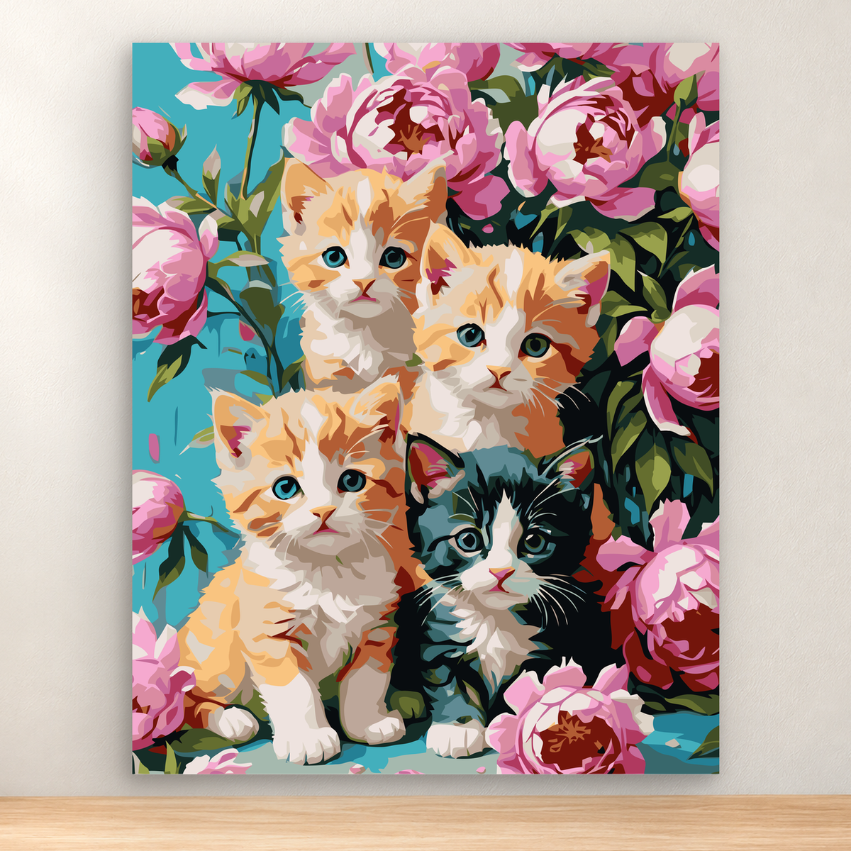 Three kittens among pink flowers and green foliage on a turquoise background, 40x50 cm