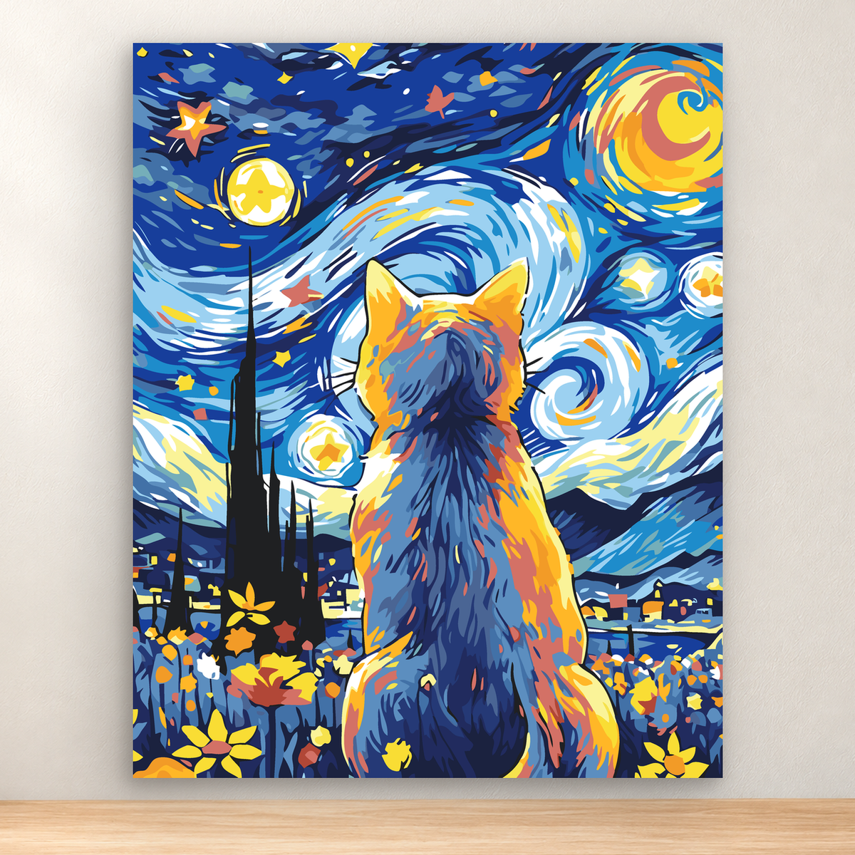 Blue-and-gold cat viewing a swirling starry sky above a city scene, 40x50 cm