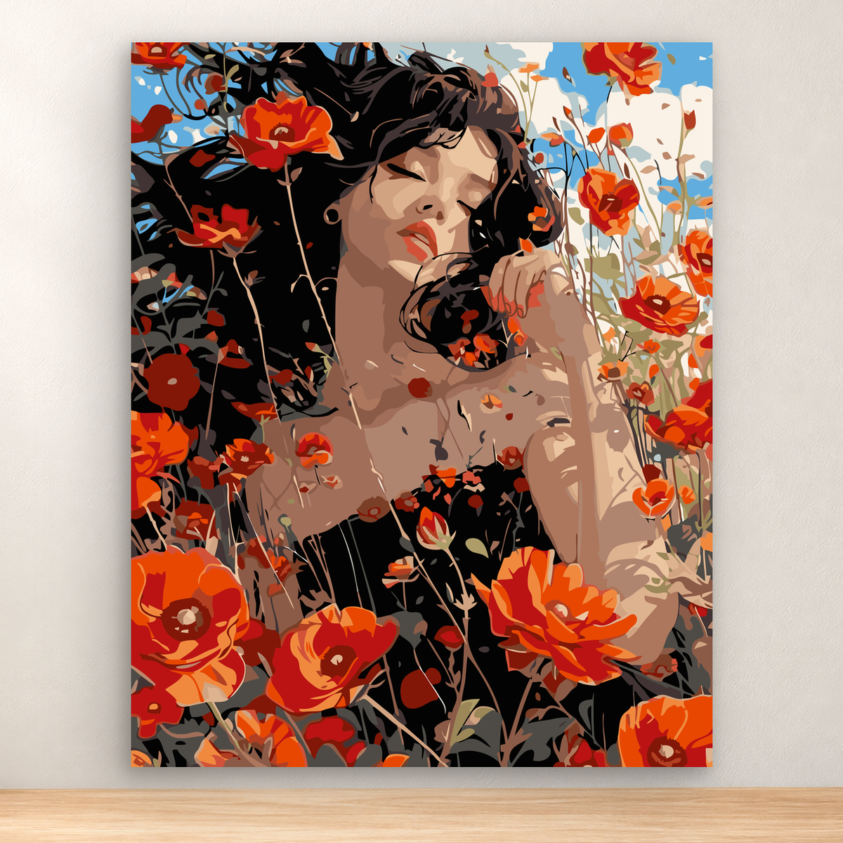 Serene woman reclining among red-orange poppies, 40x50 cm diamond painting artwork