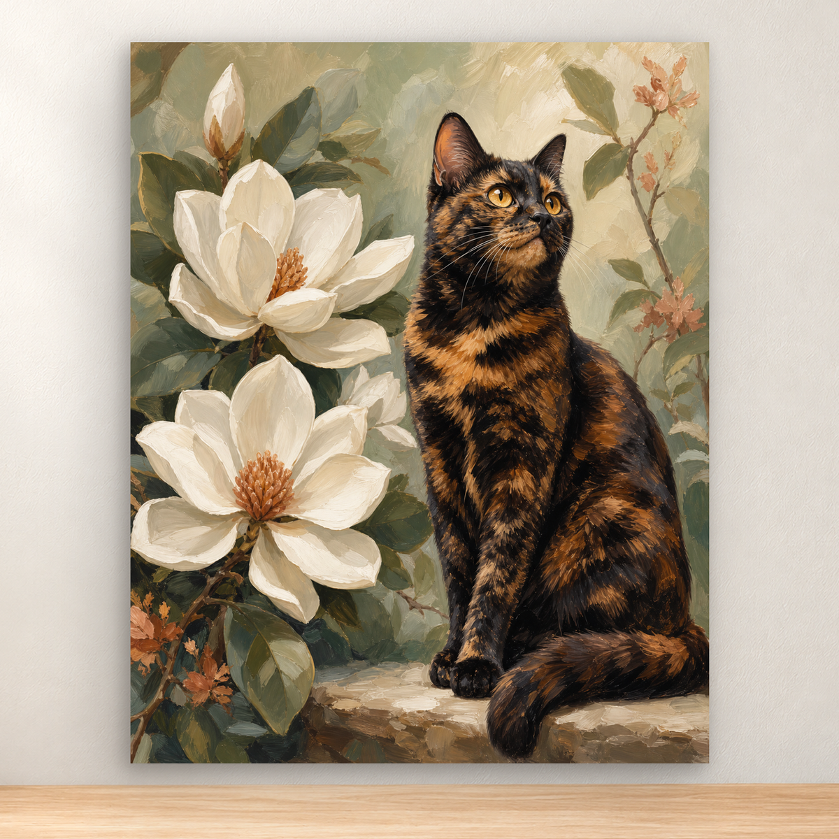 Seated tortoiseshell cat beside white magnolias and sage foliage, 40x50 cm