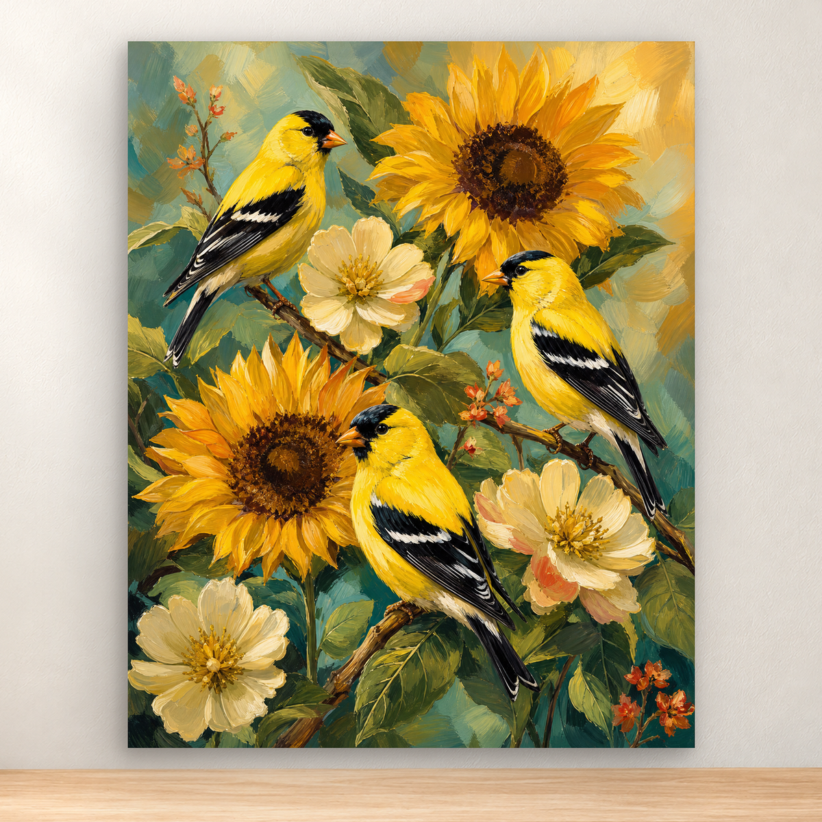 Three goldfinches around sunflowers and pale blossoms in a garden tableau, 40x50 cm