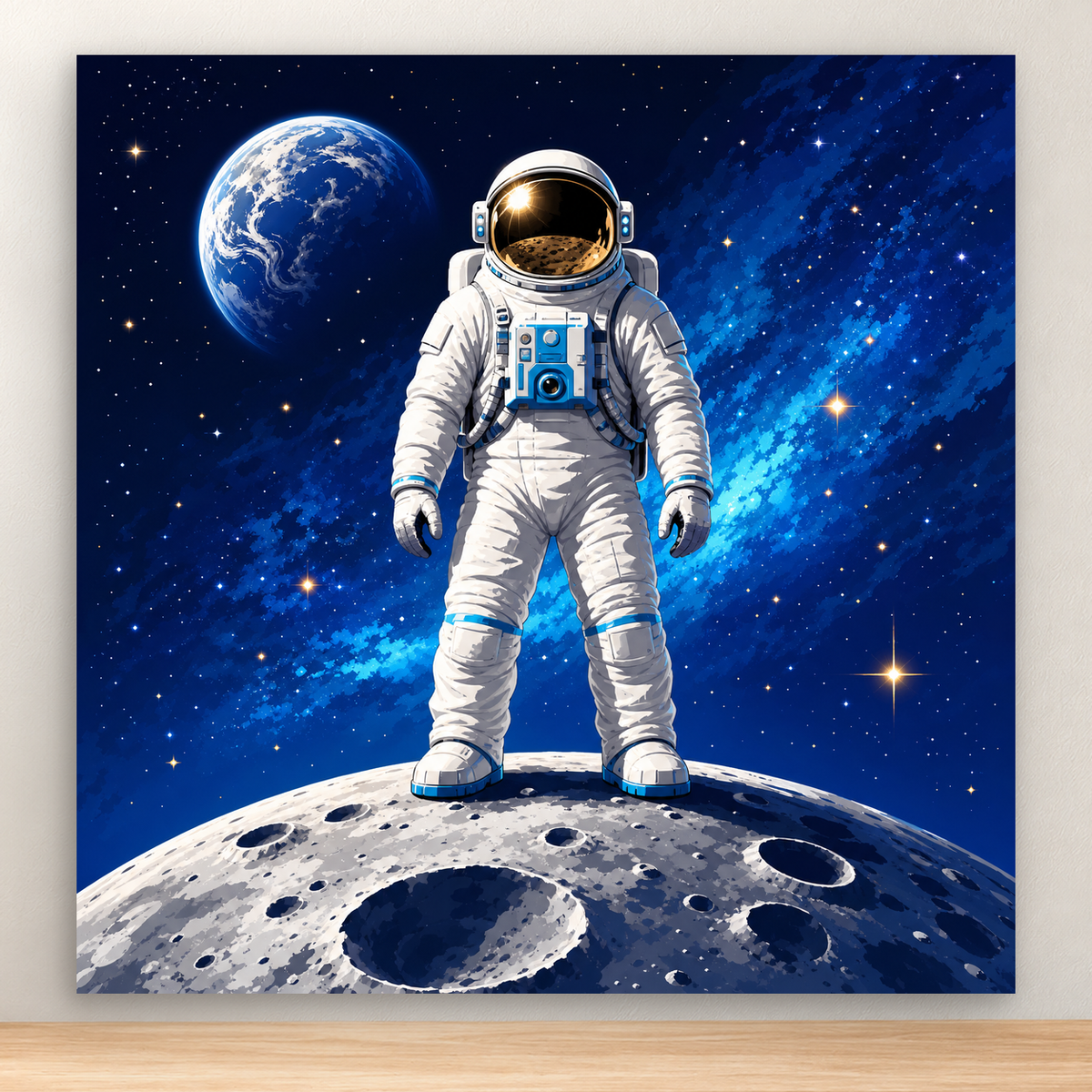 Front-facing astronaut on a small cratered moon beneath a blue space sky, 20x20 cm
