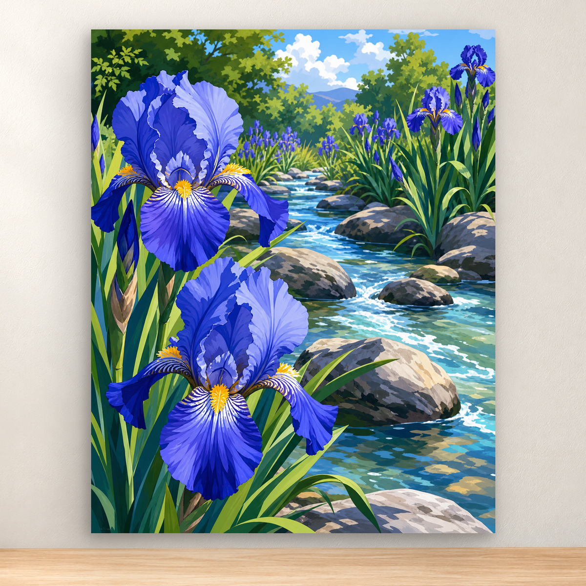 Blue and purple irises blooming beside a sunlit stream with rocks and green leaves, 40x50 cm