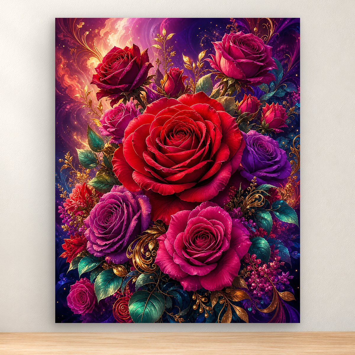Extravagant crimson and magenta rose bouquet with jewel-toned foliage, 40x50 cm