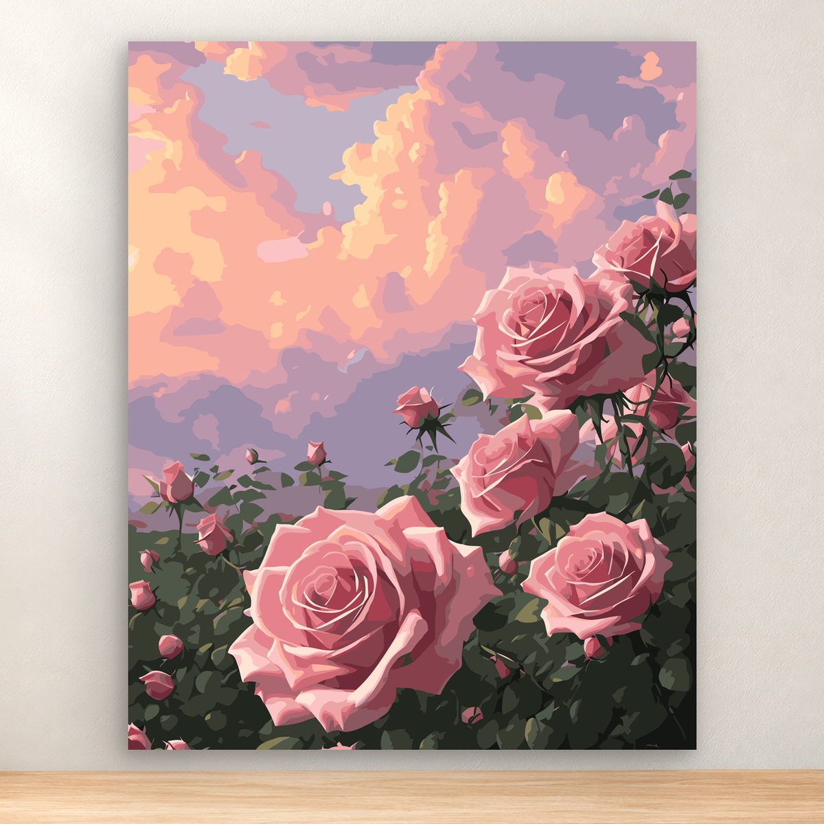 Cluster of pink roses, buds, and dark green foliage against a mauve, peach, and lavender background, 40x50 cm