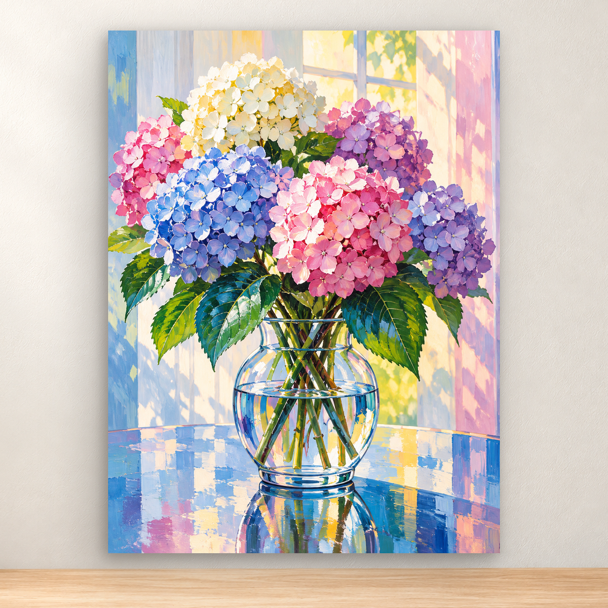 Multicolored hydrangea bouquet in a glass vase beside a sunny window, 30x40 cm