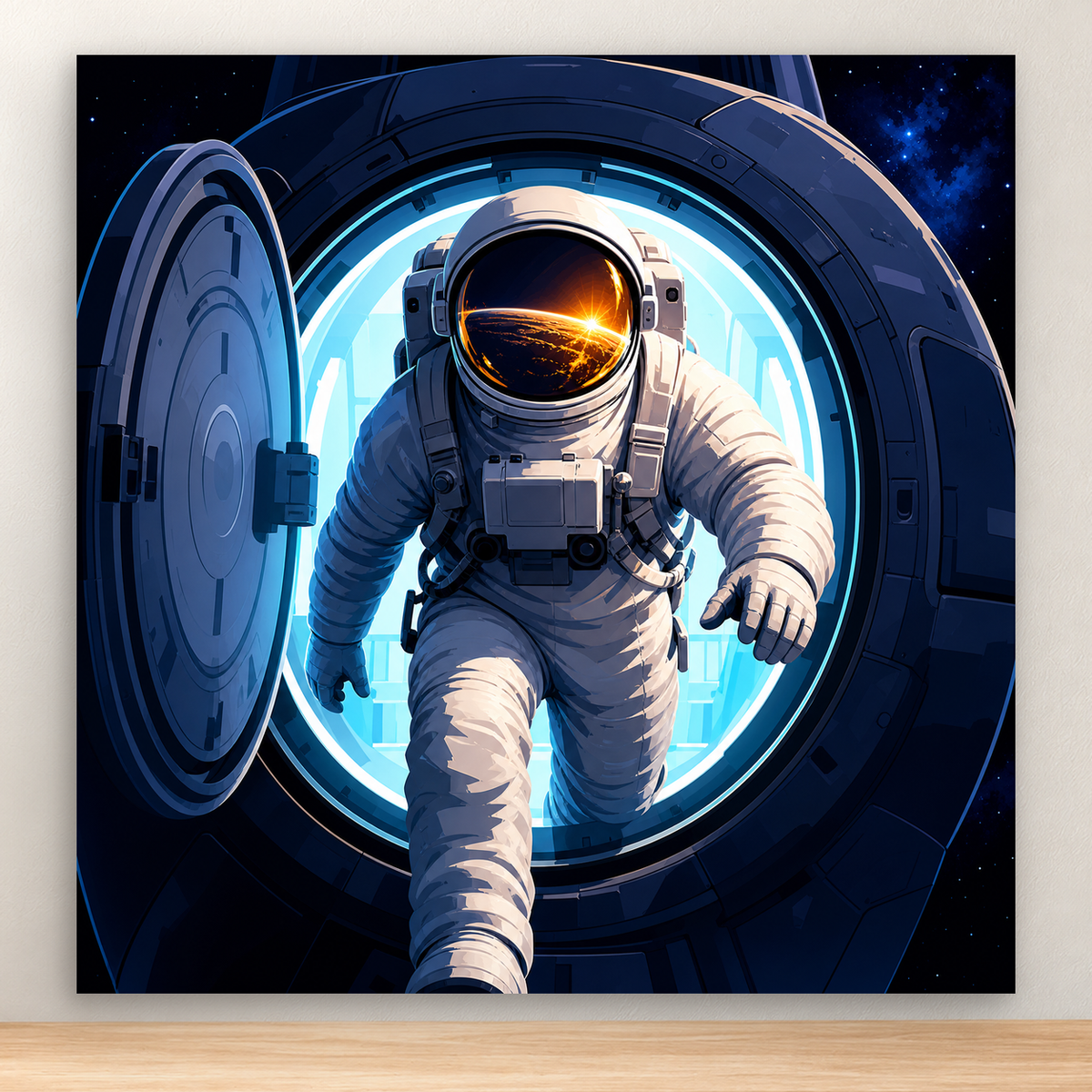 Astronaut emerging from a glowing spacecraft hatch in open space, 20x20 cm