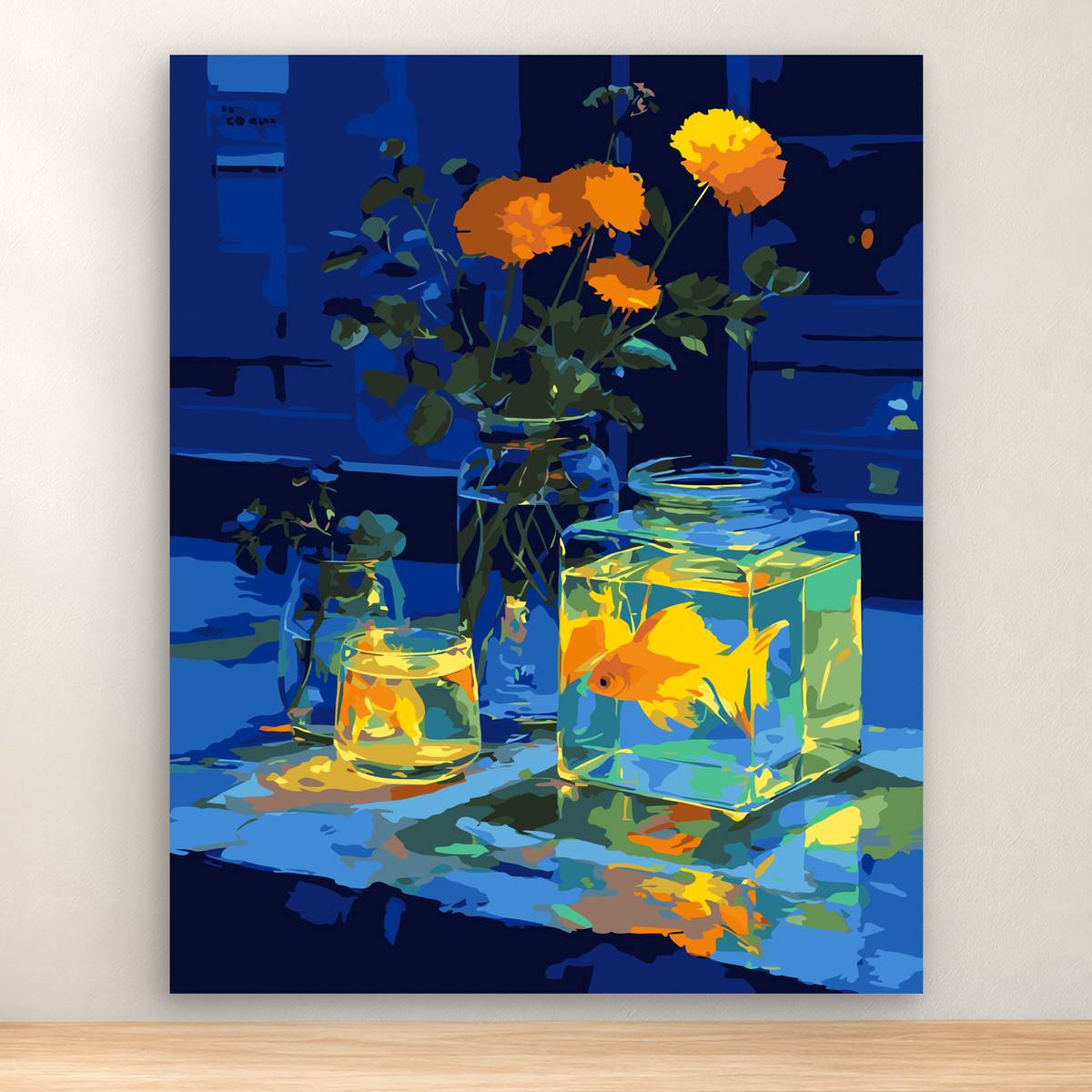 Orange goldfish in a floral glass aquarium with blue water and bold botanical accents, 40x50 cm