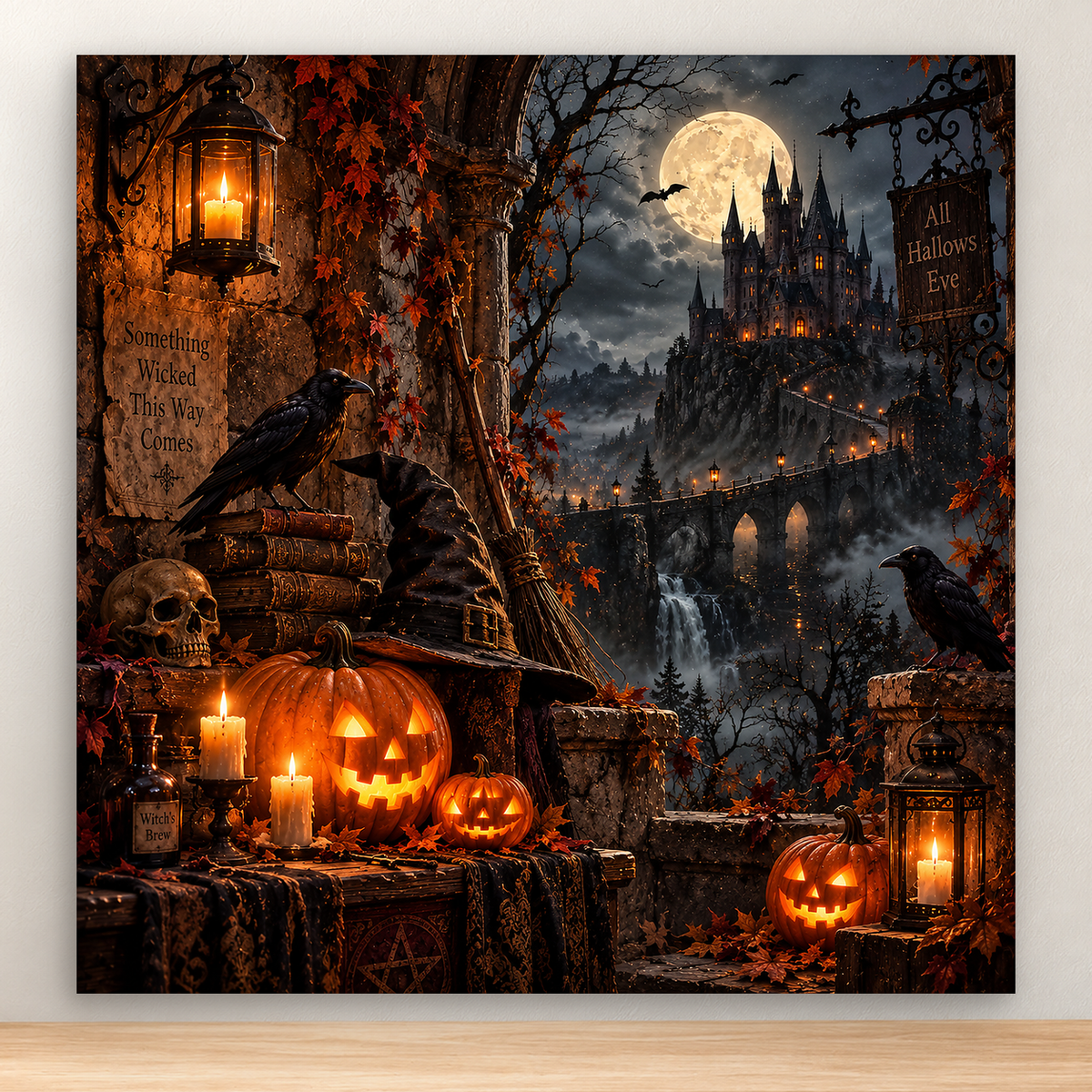 Gothic haunted castle beneath a full moon with pumpkins, ravens, candles, and mist, 20x20 cm