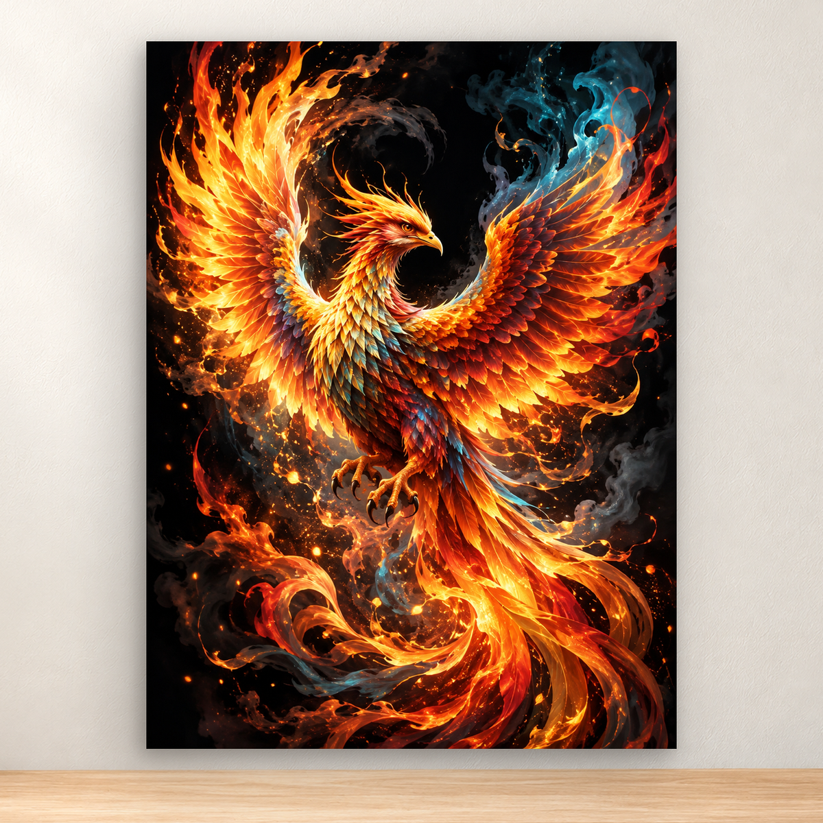 Fiery phoenix with outstretched wings rising through flames and smoke, 30x40 cm