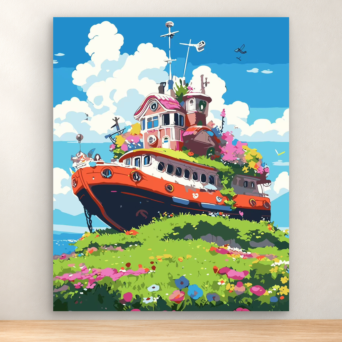 Colorful flower-covered houseboat with whimsical rooftops by the sea, 40x50 cm