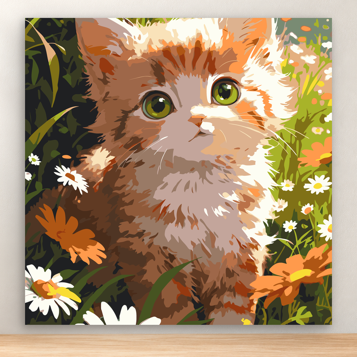 Brown and cream cat gazing from orange, white, and yellow wildflowers, 20x20 cm