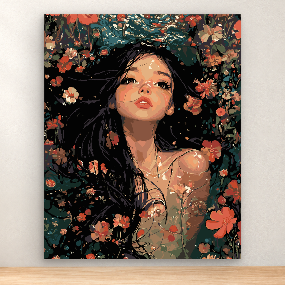 Woman gazing upward among dark foliage and coral, peach, and cream flowers, 40x50 cm