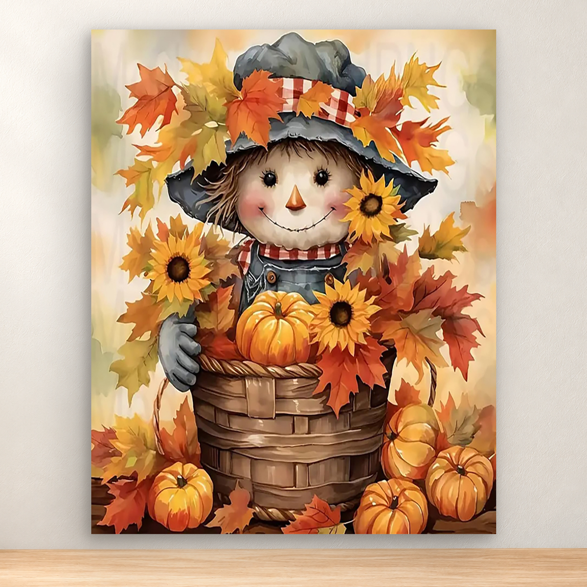 Smiling scarecrow in a pumpkin barrel with sunflowers and autumn leaves, 40x50 cm