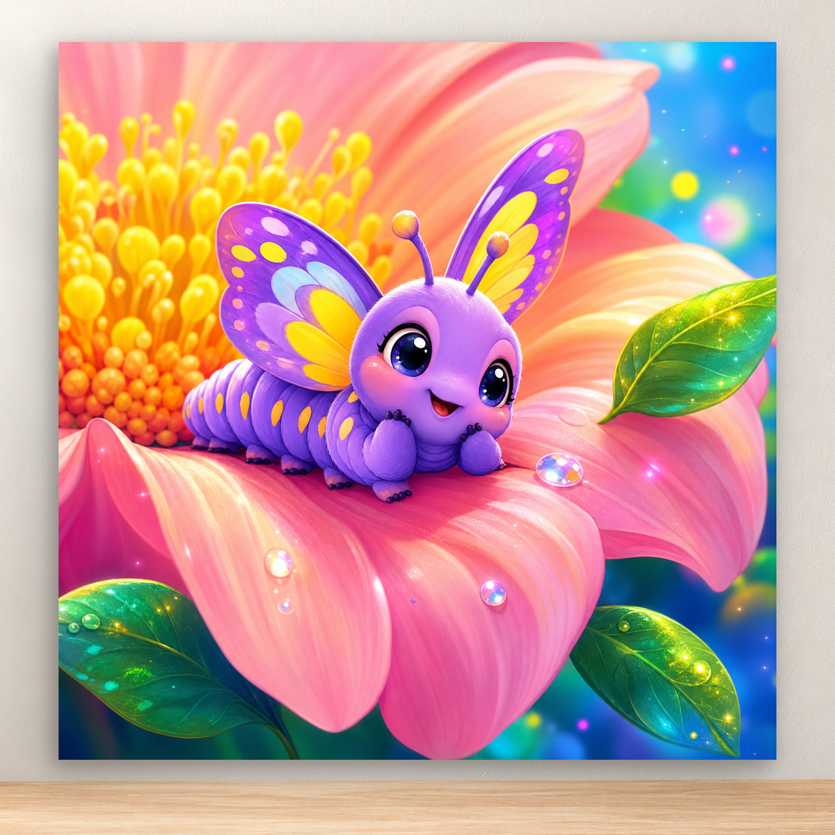 Purple butterfly larva peeking over a pink flower petal with green leaves, 20x20 cm
