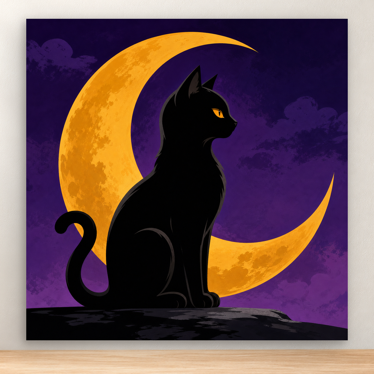 Seated black cat beside a golden crescent moon in a Halloween scene, 20x20 cm