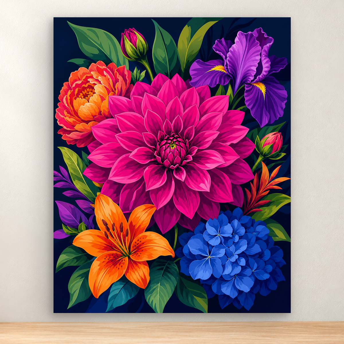 Jewel-toned bouquet centered by a magenta dahlia with colorful blooms and foliage, 40x50 cm