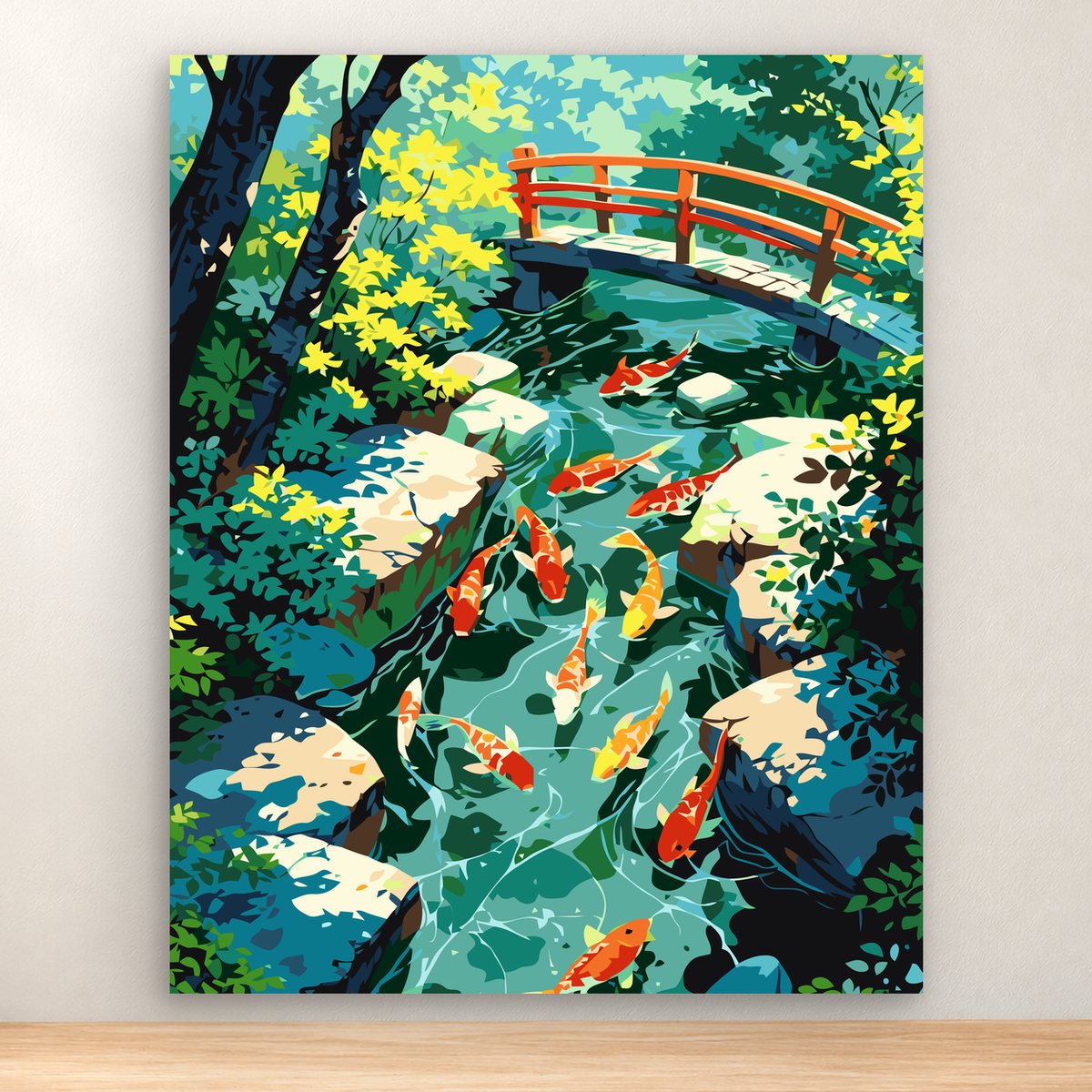 Colorful koi swim through a lush garden stream beneath a wooden bridge, 40x50 cm