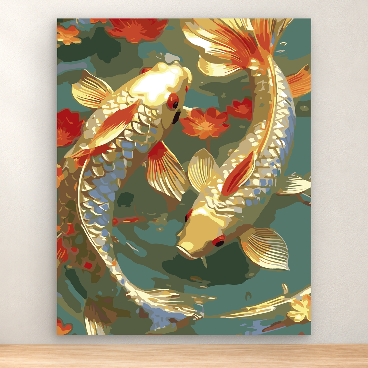 Colorful cream, gold, orange, and red koi among flowers in a pond, 40x50 cm