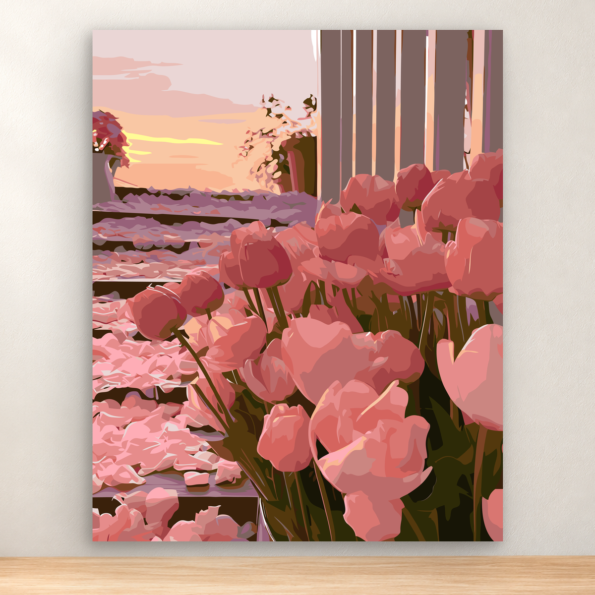 Pink water lilies beside a woodland pond with forest reflections, 40x50 cm