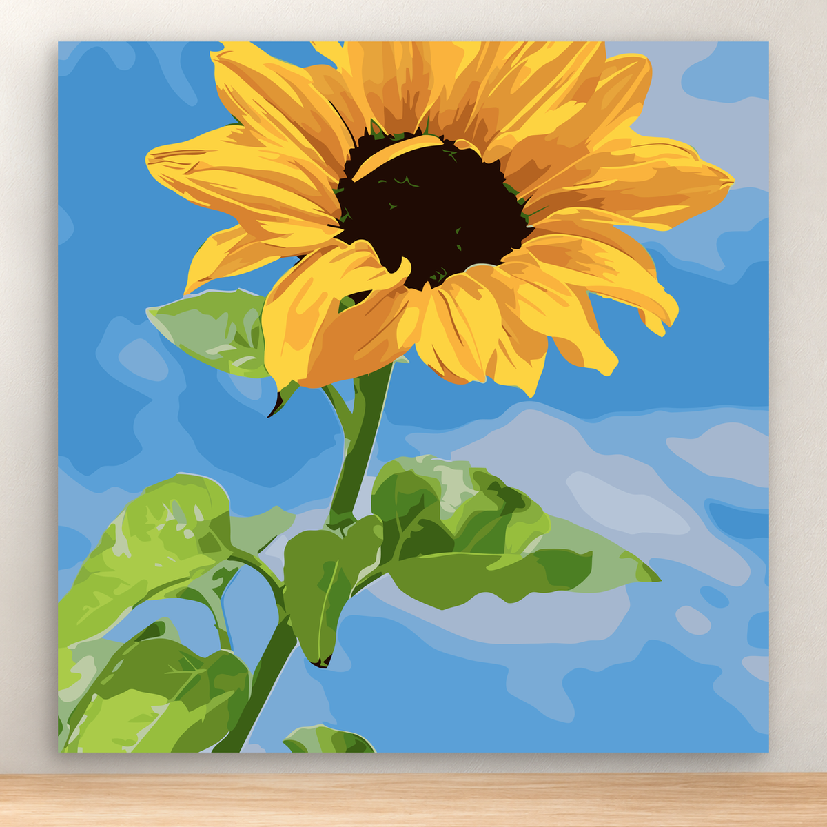 Large blooming sunflower with green leaves against an abstract blue background, 20x20 cm