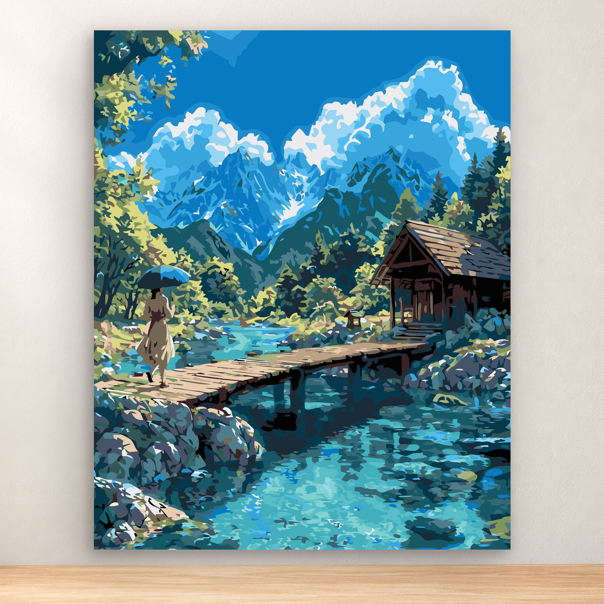 Snow-capped mountains, forest, reflective lake, rustic cabin, dock, and pale moon, 40x50 cm