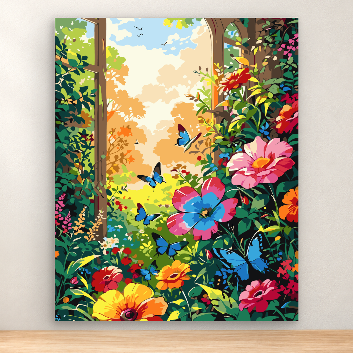 Lush flowering garden path with blue butterflies and vivid blooms, 40x50 cm