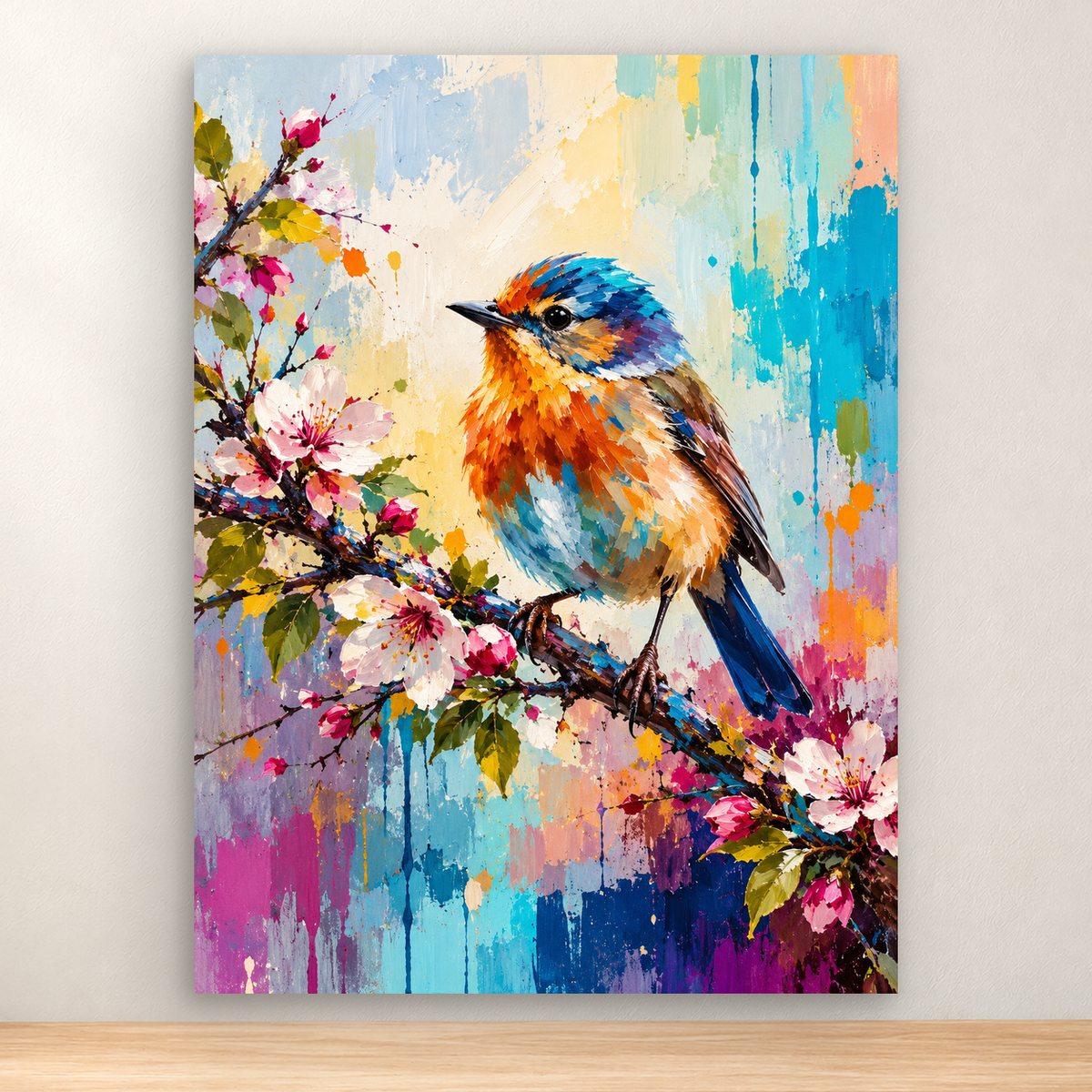 Blue-and-orange kingfisher on a flowering branch with pink and white blossoms, 30x40 cm