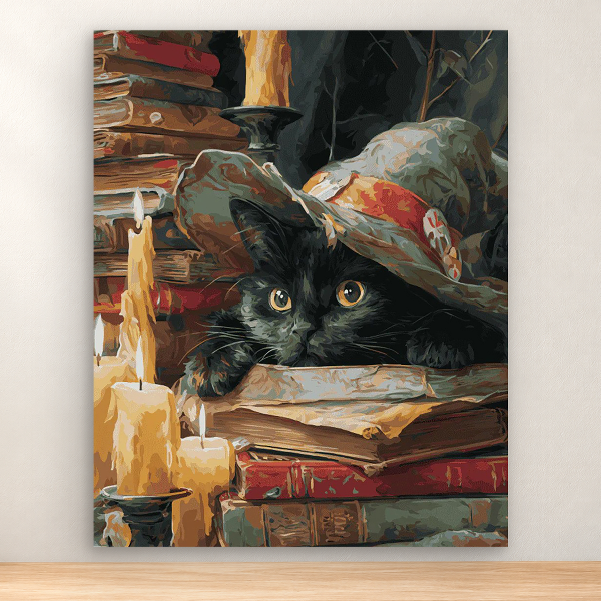 Black cat resting among stacked books and melting candles, 40x50 cm