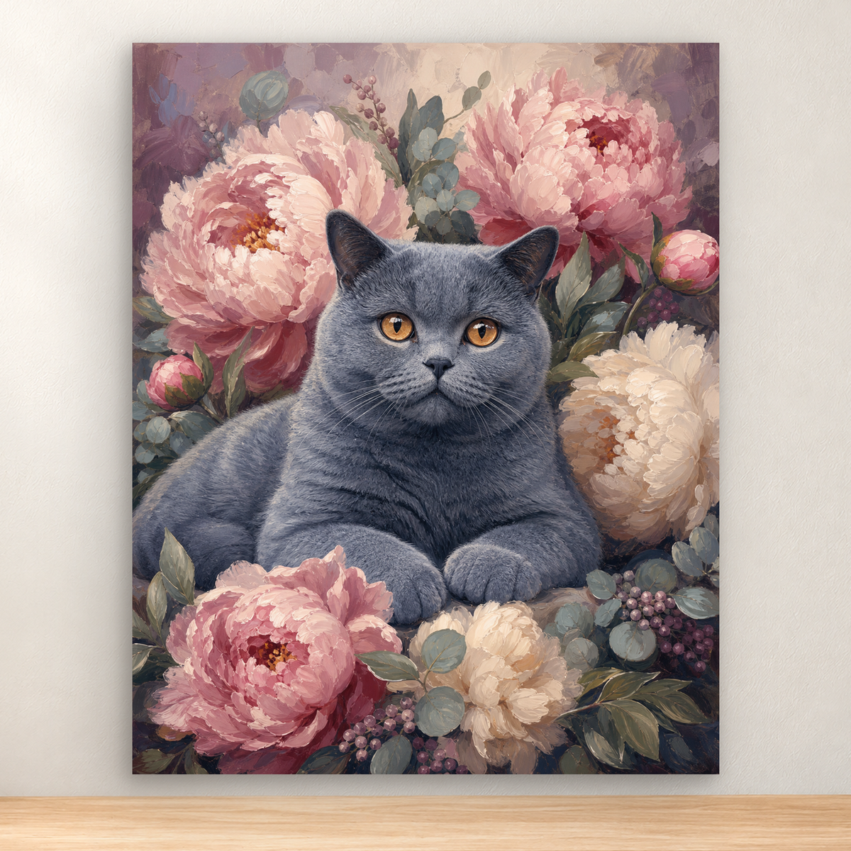 Blue-gray British Shorthair cat resting among pale peonies, 40x50 cm
