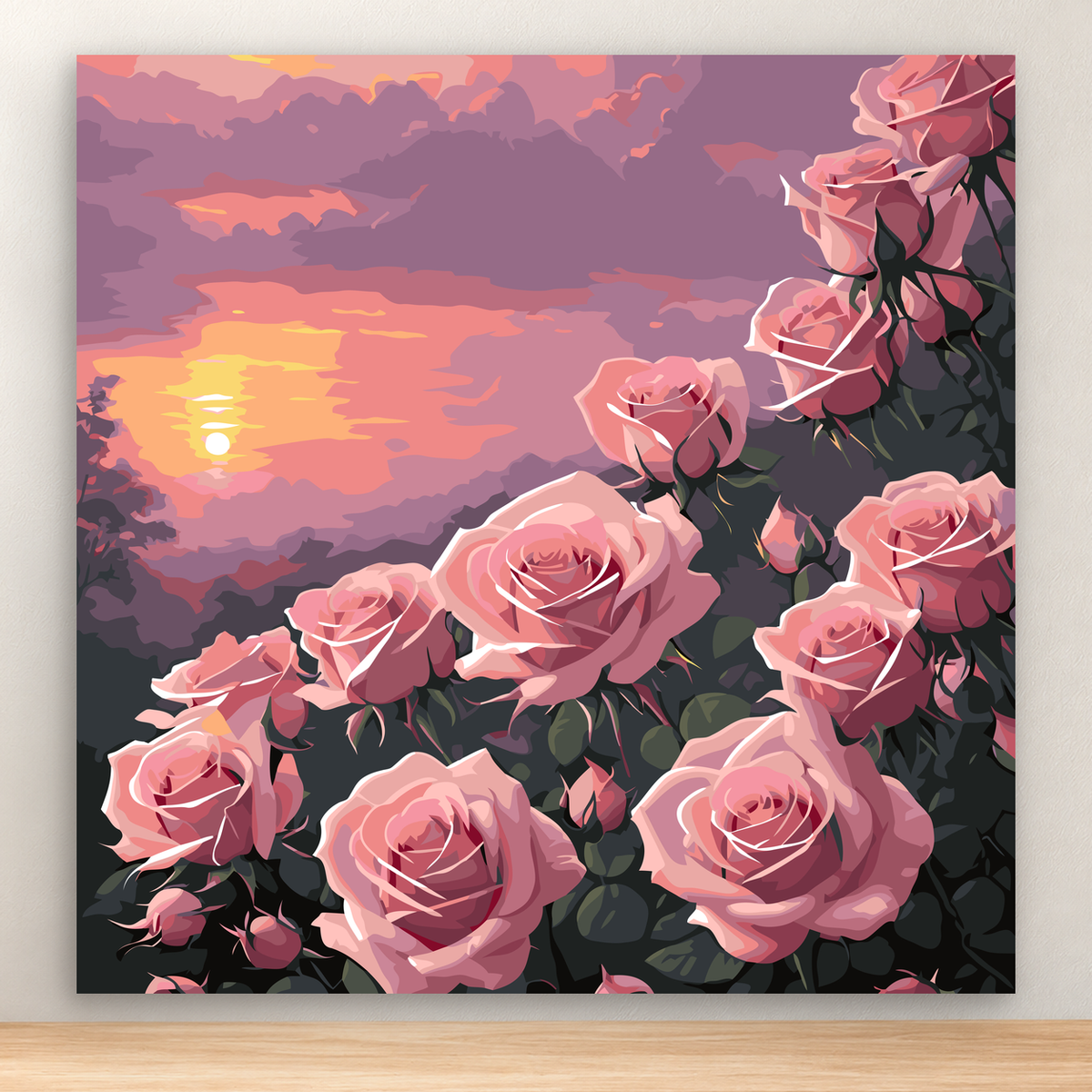Stylized pink roses and dark foliage beneath a glowing sunset sky, 20x20 cm