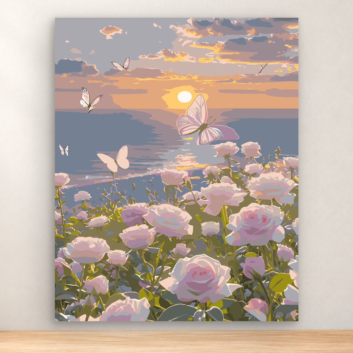 Romantic sunset garden with pink roses and butterflies, 40x50 cm