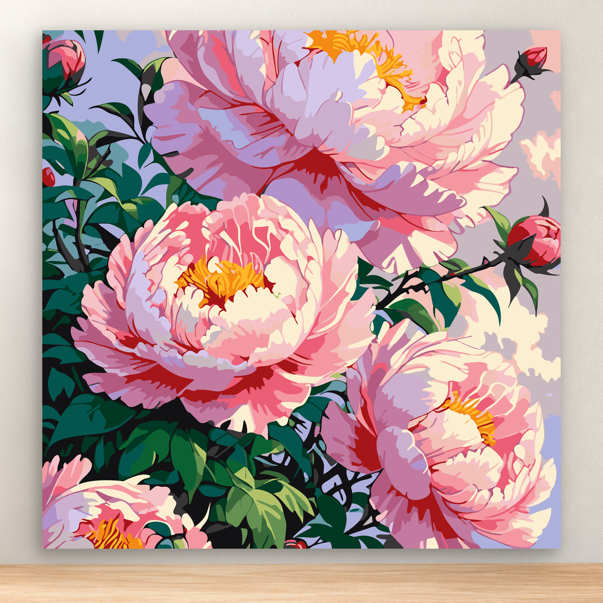 Pastel pink, cream, and lavender peony cluster with green leaves, 20x20 cm