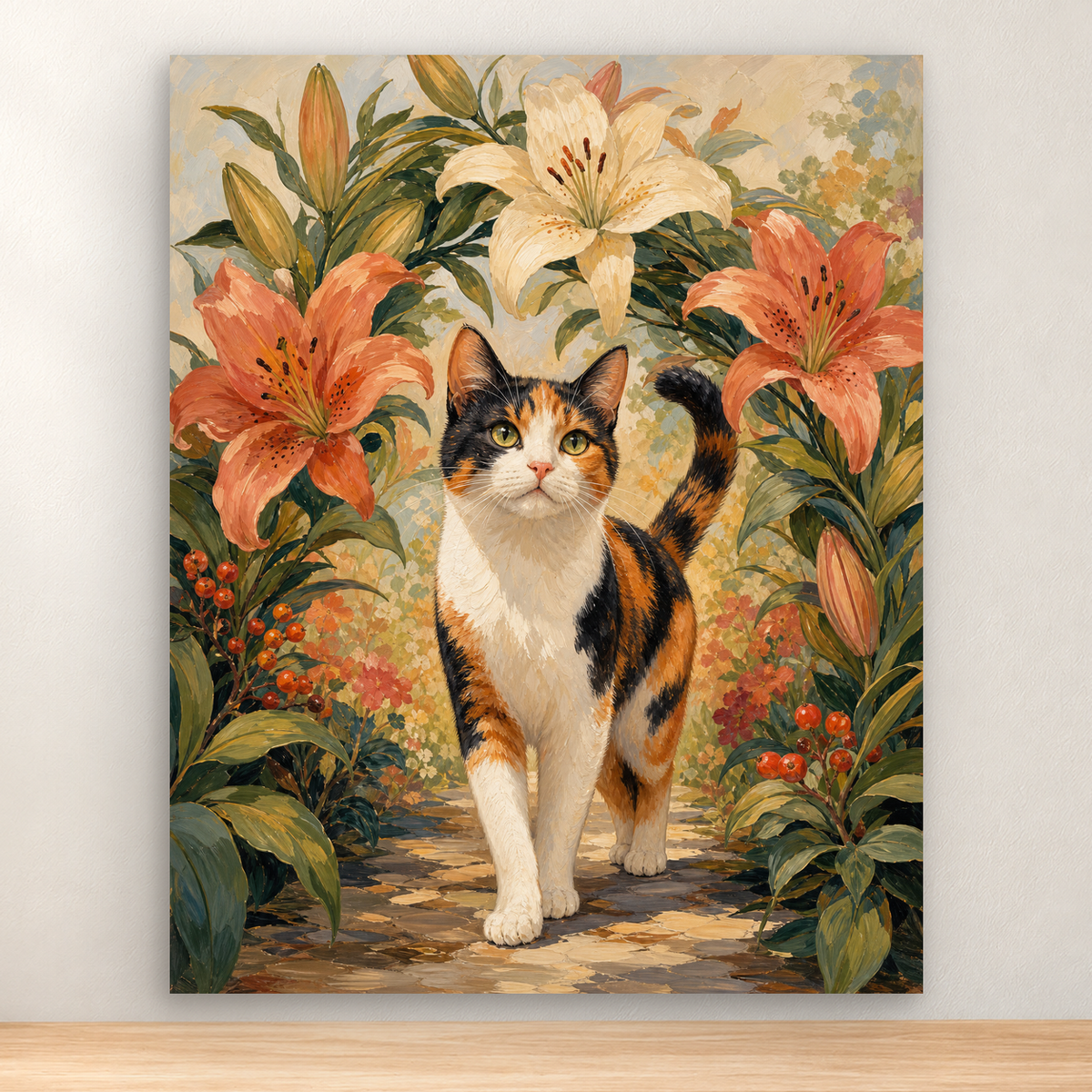 Calico cat beneath an arch of lilies and foliage in a garden scene, 40x50 cm.