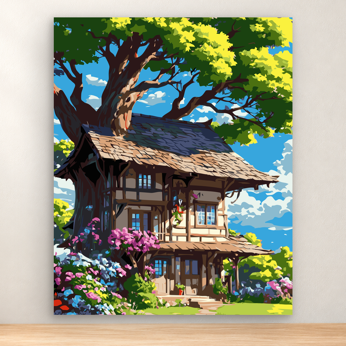 Rustic cottage beneath a sprawling old tree in a colorful garden, 40x50 cm