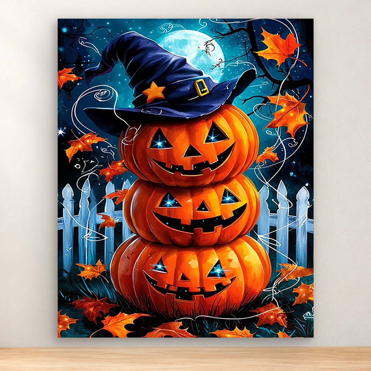 Three stacked glowing jack-o'-lanterns under a purple witch hat, with moon and stars, 40x50 cm