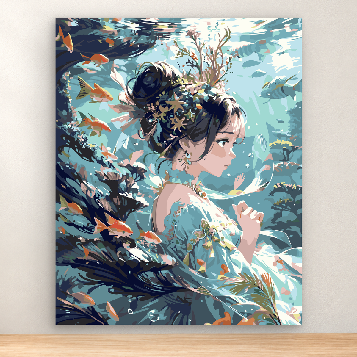 Woman floating in profile among colorful fish and underwater plants, 40x50 cm