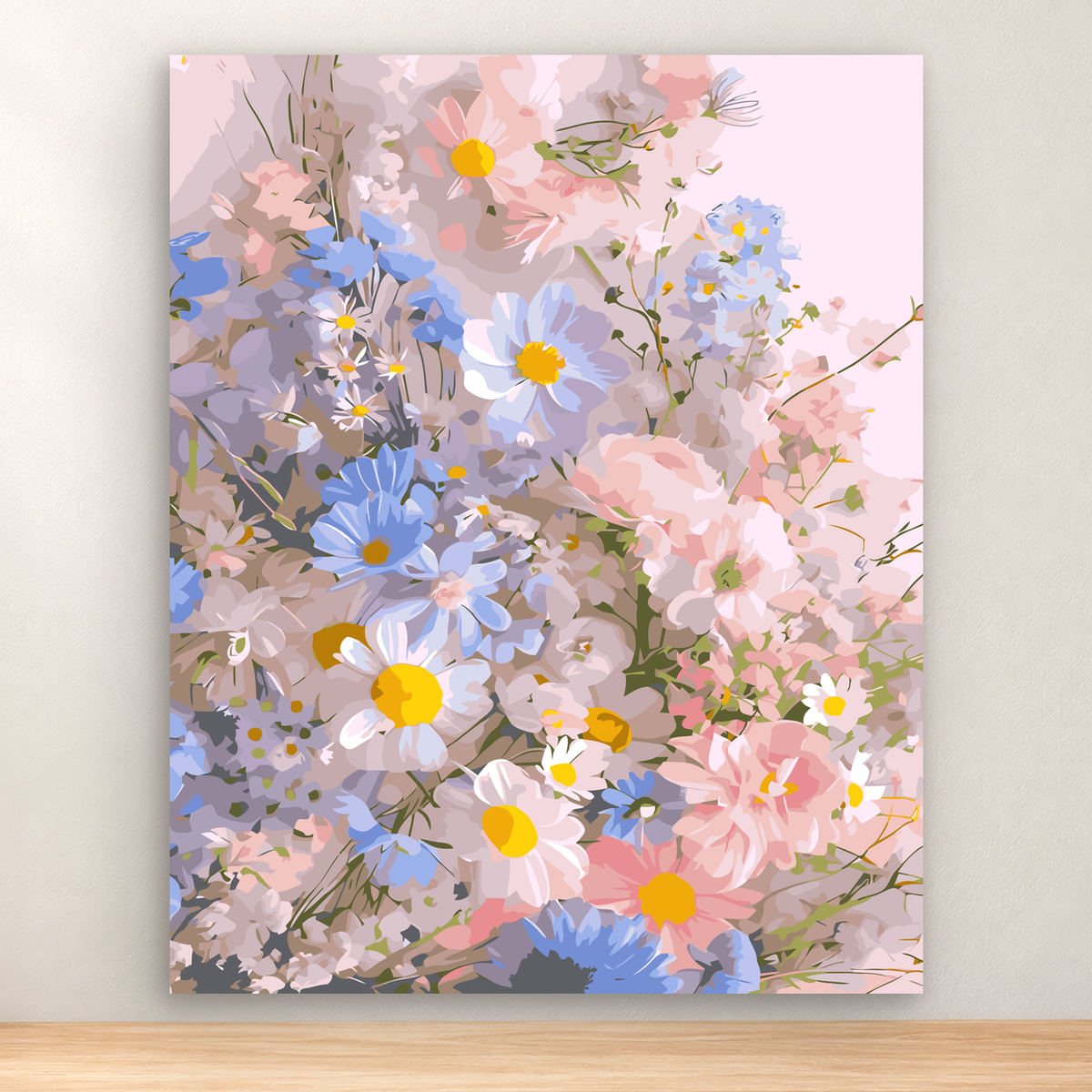 Dense pastel wildflower garden with daisies, blue blooms, pink blossoms, and foliage, 40x50 cm