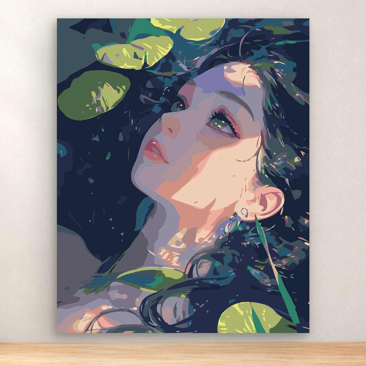 Serene woman's botanical portrait framed by dark hair and green foliage, 40x50 cm